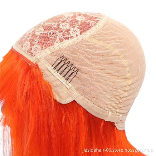Silky Straight machine made wig Orange hair vendors brazilian human hair lace wig short bob with bang for black women